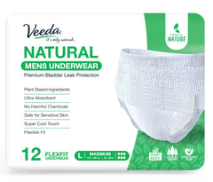Veeda Natural Adult Incontinence Underwear for Men - Disposable Underwear for Bladder Leakage Protection - Adult Diapers for Men with Maximum Absorbency - Large Size - 12 Count