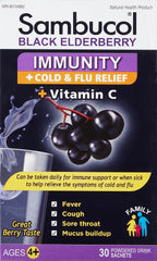 Sambucol Black Elderberry Immunity Powder | Immune Support & Antioxidant | Cold & Flu Relief + Vitamin C | Great Berry Taste | Natural Health Product, Ages 4+ | 30 Powdered Drink Sachets
