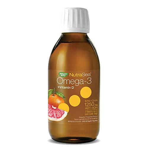 Nature's Way NutraSea Omega 3 + Vitamin D Fish Oil Liquid Supplement – Grapefruit Tangerine Flavour – 1250mg EPA & DHA + 1000IU D3, 200 mL