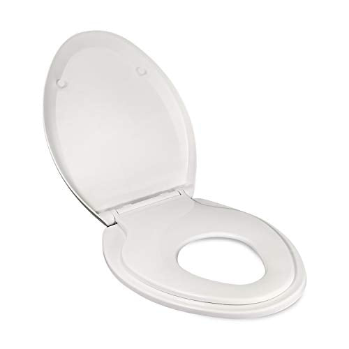 PlumBoss E2000 Elongated Toilet Seat with Built in Potty Training Toddlers Seat Magnetic Kids Seat Fits Both Adult and Child Plastic Off White