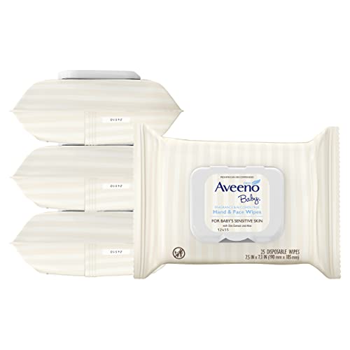 Aveeno Baby Hand & Face Baby Wipes with Oat Extract and Aloe, Fragrance-Free Wipes for Sensitive Skin, Free of Sulfates, Alcohol, and Parabens 25 Count (Pack of 4)