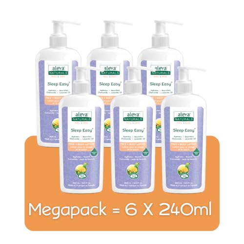 Aleva Naturals Sleep Easy Face + Body Bedtime Lotion for Babies & Toddlers, Lavender and Chamomile Oils, Perfect for Baby Massage, Made with Natural & Organic Ingredients, Mega Pack - 8 Fl Oz x 6 (1.440L), Clear