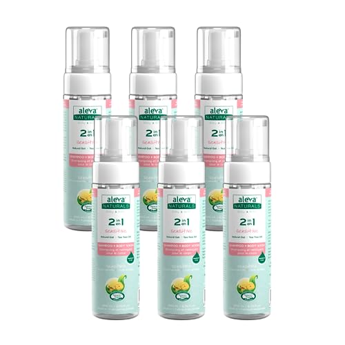 Aleva Naturals Hypoallergenic 2 in 1 Shampoo and Body Wash - Tea Tree Oil Formula, For Sensitive Skin, Perfect for Newborn Babies and Toddlers - Mega Pack- 6 x 200ml= 1.2L Clear