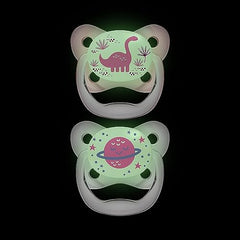 Dr. Brown's PreVent Pacifiers – Glow-In-The-Dark, Stage 2, 6-18 months, 2 Pack, Pink Dinosaur and Planet