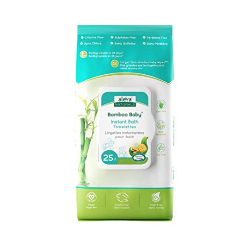 Aleva Naturals Hypoallergenic Bamboo Baby Instant Bath Towelettes Wipes for Babies and Toddlers with Sensitive Skin, Natural and Organic Formula, Biodegradable, Extra Large and Ultra-Soft - 25 Count