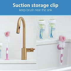 Dr. Brown's Reusable Sponge Baby Bottle Cleaning Brush Set with Suction Cup Stand, Scrubber and Nipple Cleaner, Pink, 3 Pack