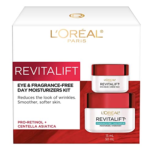 L'Oréal Paris Day Moisturizer Fragrance-Free + Eye Cream Kit, Revitalift Skincare, with Pro Retinol and Centella Asiatica, to Reduce the look of Wrinkles, 50ml & 15ml, 2 Count Kit.
