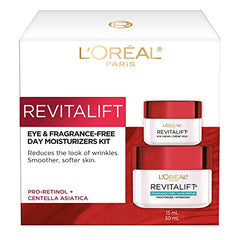 L'Oréal Paris Day Moisturizer Fragrance-Free + Eye Cream Kit, Revitalift Skincare, with Pro Retinol and Centella Asiatica, to Reduce the look of Wrinkles, 50ml & 15ml, 2 Count Kit.
