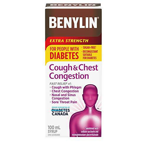 BENYLIN Extra Strength Cough and Chest Congestion Syrup, Suitable for People with Diabetes, Sucrose Free, Relieves Cough and Nasal Congestion, 100mL