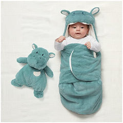 Baby GUND Oh So Snuggly Hippo Blanket Wrap, Plush Hooded Baby Blanket Wrap for Newborns, Blue/Cream, 26”