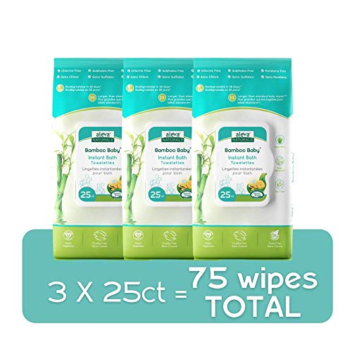 Aleva Naturals Hypoallergenic Bamboo Baby Instant Bath Towelettes Wipes for Babies and Toddlers with Sensitive Skin, Biodegradable, Extra Large and Ultra-Soft - Value Pack- 3 X 25 Count= 75 Wipes