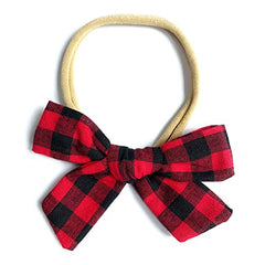 Baby Wisp - Headband - Hand Tied Bow - Red Buffalo Plaid - Baby, Infant, Hair Accessory
