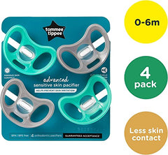 Tommee Tippee Advanced Sensitive Skin Soother, Unique Shield for Less Skin Contact, Symmetrical Orthodontic Design, 0-6m, 4 Count