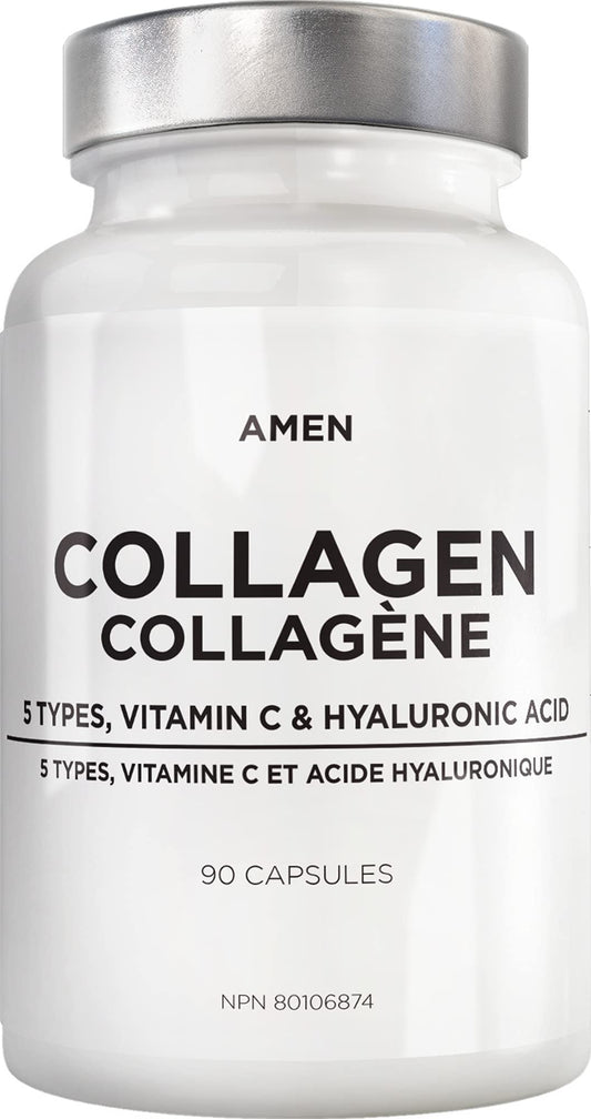 Amen Multi Collagen Peptides Capsules with Hyaluronic Acid and Vitamin C - 5 Types of Grass Fed Hydrolyzed Collagen Protein Type I, II, III, V, X - Amino Acids - Collagen Supplement - 90 Pills