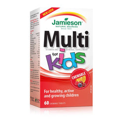 Jamieson Multivitamin Chewable for Kids with Iron, 60 Gummies, Orange, Grape, Cherry and Raspberry Flavours. Supports Growth, Development, Bones and Teeth. No Artificial Colours or Flavours