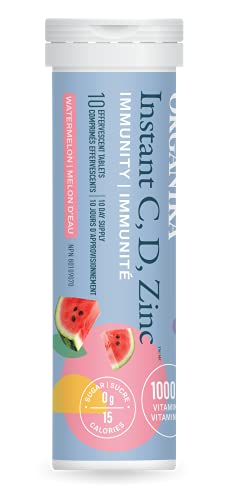 Organika Instant C, D, Zinc Effervescent Tablets - Watermelon Flavour- Immune Support- Single Tube x 10 Tablets