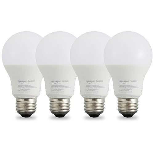 Amazon Basics Smart A19 LED Light Bulb, Dimmable Soft White (2700K), 9W (60W Equivalent), 800LM, Works with Alexa Only, 2.4 GHz Wi-Fi, No Hub Required, 4 Pack