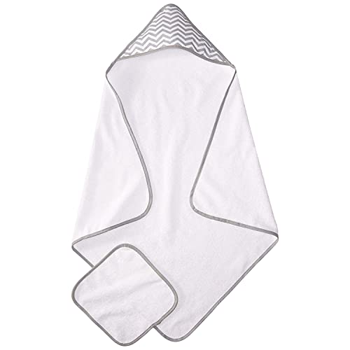 American Baby Company 100-Percent Organic Cotton Terry Hooded Towel Set, White with Gray Trim and Zigzag Hood