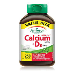 Jamieson Mega Cal Calcium 650 mg with Vitamin D3 400 IU, High Absorption, 5 Calcium Sources, Supports Bone Health, Helps Prevent Osteoporosis and Prevent Bone Loss. Easy to Swallow, Vegetarian, Non-GMO, Gluten-Free, 250 Caplets, Proudly Canadian