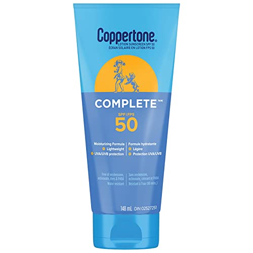 Coppertone Complete SPF 50 Sunscreen Lotion, Lightweight and Moisturizing Sunscreen, Water Resistant Face and Body Sunscreen Broad Spectrum SPF 50 UVA/UVB Protection, Oxybenzone Free, 148mL