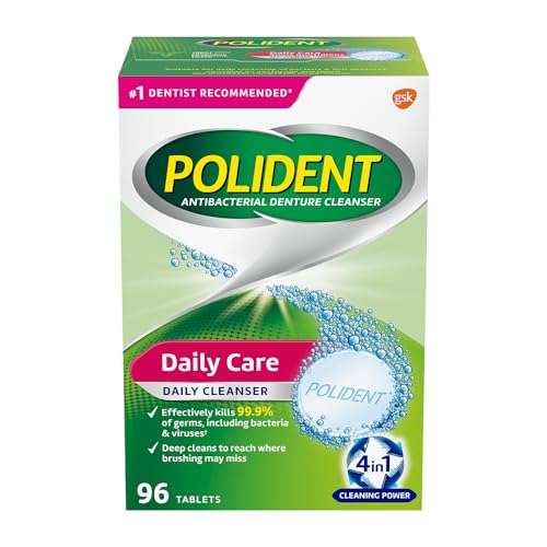 Polident Daily Denture Cleaner, 4 in 1 Cleaning System, Stain and Plaque Remover, Triple Mint Fresh, 96 Tablets (Packaging May Vary)