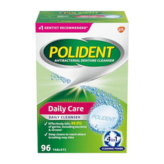 Polident Daily Denture Cleaner, 4 in 1 Cleaning System, Stain and Plaque Remover, Triple Mint Fresh, 96 Tablets (Packaging May Vary)