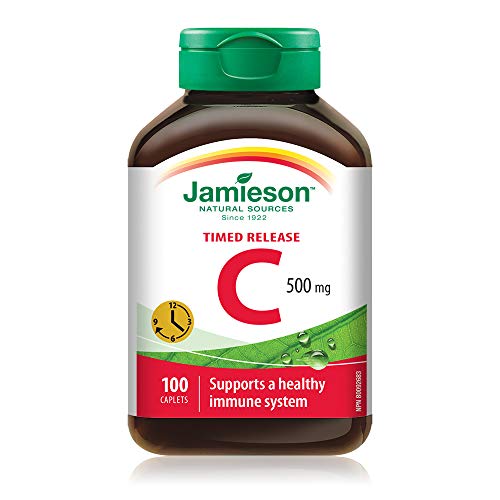 Jamieson Vitamin C 500 mg Timed Release Caplets, Supports Immune Health, Strong Teeth and Bones. Gradual Release of Vitamin C Throughout the Day, Vegetarian, Gluten-Free, 100 Count, Proudly Canadian