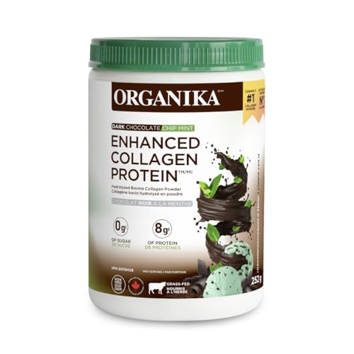 Organika Enhanced Collagen Protein- Dark Chocolate Chip Mint - Supports Healthy Skin, Hair, Nails, Joints, and Muscles with Delicious Taste - 252g