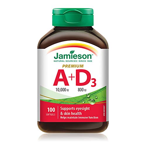 Jamieson Premium Vitamin A 10,000 IU with Vitamin D 800 IU, Eyesight Support, Skin Health, and Immune Support. Gluten-Free, No Artificial Colours or Flavours, 100 Softgels, Proudly Canadian