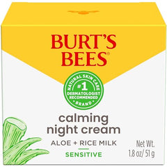Burt's Bees Sensitive Hydrating Night Face Cream Face Moisturizer for Sensitive Skin with Aloe and Rice Milk, 98.9% Natural Origin, Developed with Dermatologists, 50g