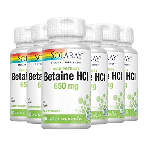 SOLARAY – Betaine HCI with Pepsin, 650mg | High Potency with Pepsin | Digestive Health | Dietary Supplement | Non-GMO, Vegan, Lab Verified | 100 Vegetarian Capsules | 6 - Pack