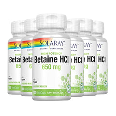 SOLARAY – Betaine HCI with Pepsin, 650mg | High Potency with Pepsin | Digestive Health | Dietary Supplement | Non-GMO, Vegan, Lab Verified | 100 Vegetarian Capsules | 6 - Pack