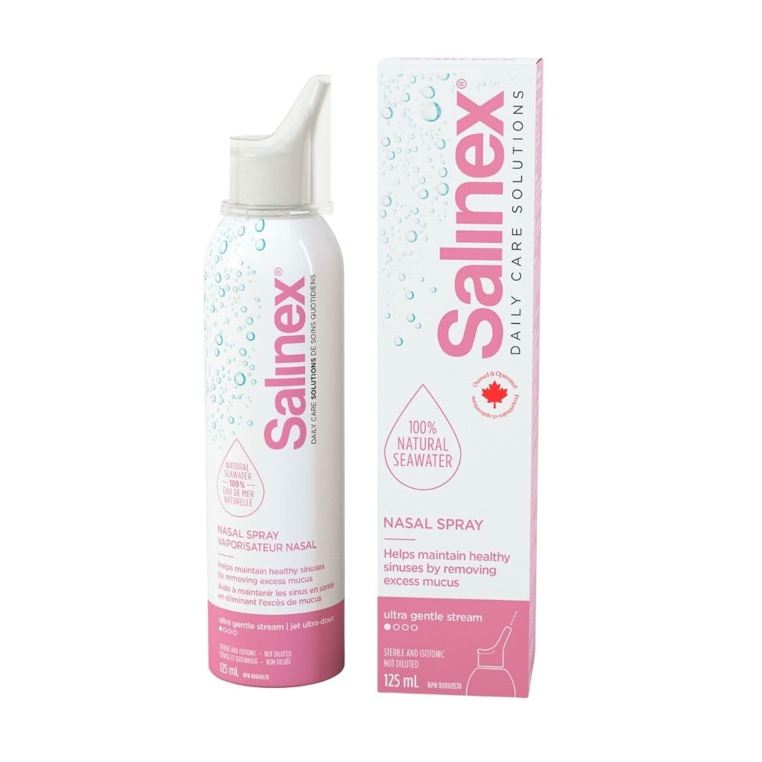 Salinex Ultra Gentle Stream Nasal Spray, 100% Natural Seawater, Daily Nasal Care, Sterile, Preservative-Free, Non-Medicated, Non-Habit Forming, Nasal and Allergy congestion relief, 125 mL