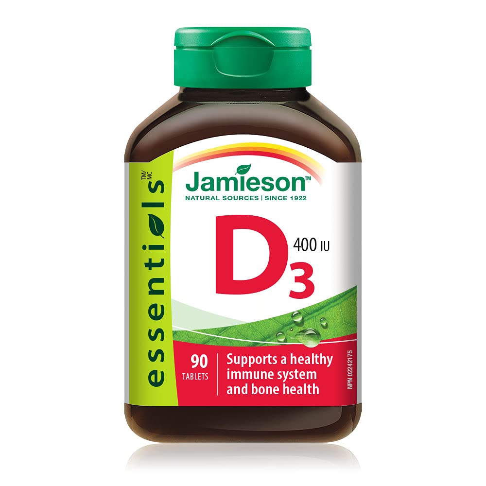 Jamieson Vitamin D3 400 IU Tablets, Supports Immune Health, Strong Bones, and Teeth, Enhances Calcium and Phosphorus Absorption. Vegetarian, Non-GMO, Gluten-Free, One Per Day, 90 Count, Proudly Canadian