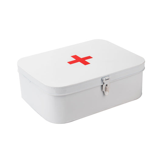 Mind Reader First Aid Box, Emergency Kit, Medical Supply Organizer, Vintage, Buckle Lock, Metal, 31.8Lx24.1Wx10.5Hcm, White