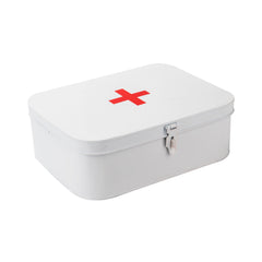Mind Reader First Aid Box, Emergency Kit, Medical Supply Organizer, Vintage, Buckle Lock, Metal, 31.8Lx24.1Wx10.5Hcm, White