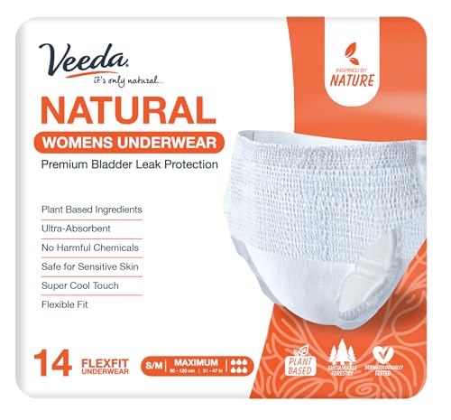 Veeda Natural Adult Incontinence Underwear for Women - Postpartum Underwear for Bladder Leakage Protection - Disposable Underwear with Maximum Absorbency - Small/Medium Size - 14 Count