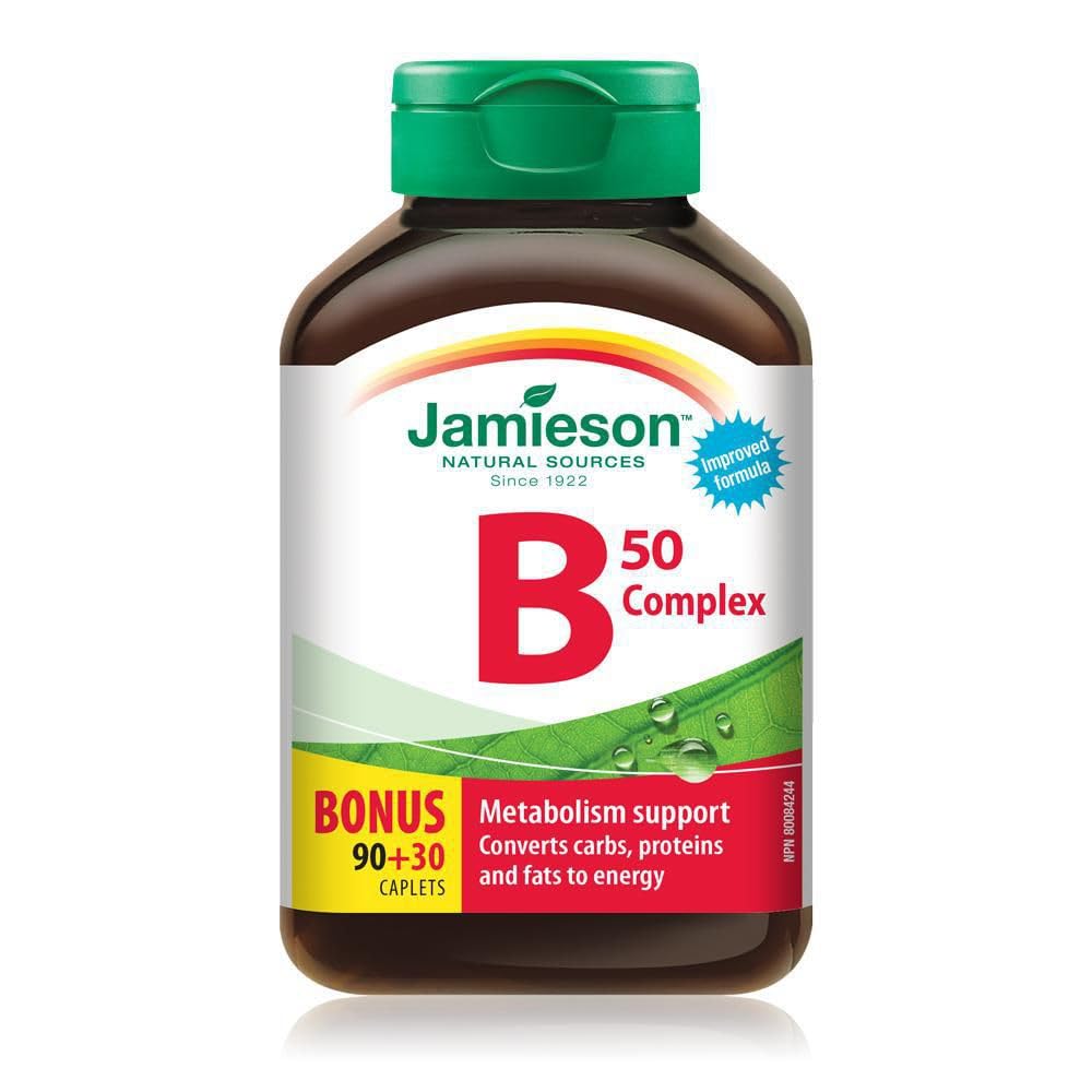 Jamieson Vitamin B50 Complex, Blend of 8 Essential B Vitamins, with Folate for Cellular Health, Supports Energy Production and Metabolism. Vegetarian, Non-GMO, Gluten-Free, Bonus Size, 120 Caplets, Proudly Canadian