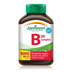 Jamieson Vitamin B50 Complex, Blend of 8 Essential B Vitamins, with Folate for Cellular Health, Supports Energy Production and Metabolism. Vegetarian, Non-GMO, Gluten-Free, Bonus Size, 120 Caplets, Proudly Canadian