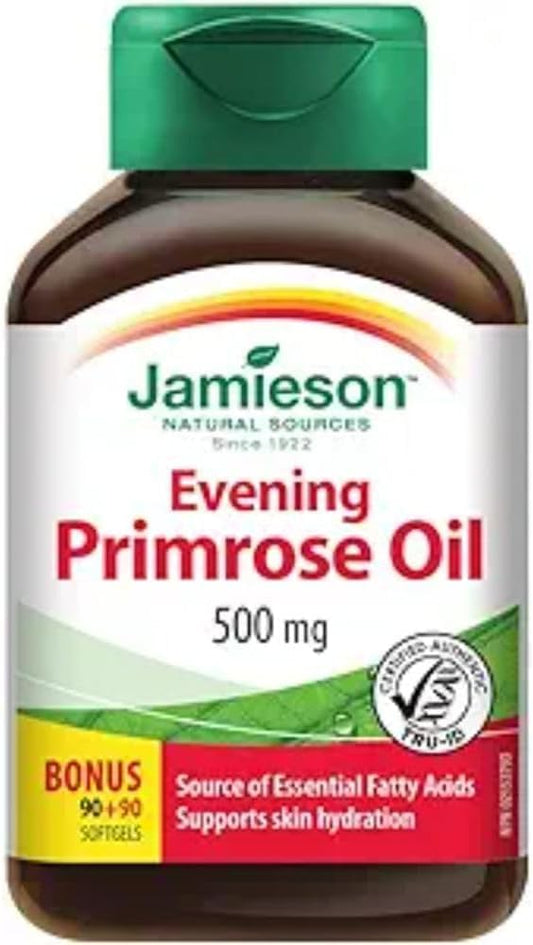 Jamieson Evening Primrose Oil 500 mg with Vitamin E, Omega-6, Supports Skin Hydration, Skin Smoothness, Reduces Acne Symptoms, and Provides Ezcema Symptom Support. Non-GMO, Gluten-Free, 180 Softgels, Proudly Canadian