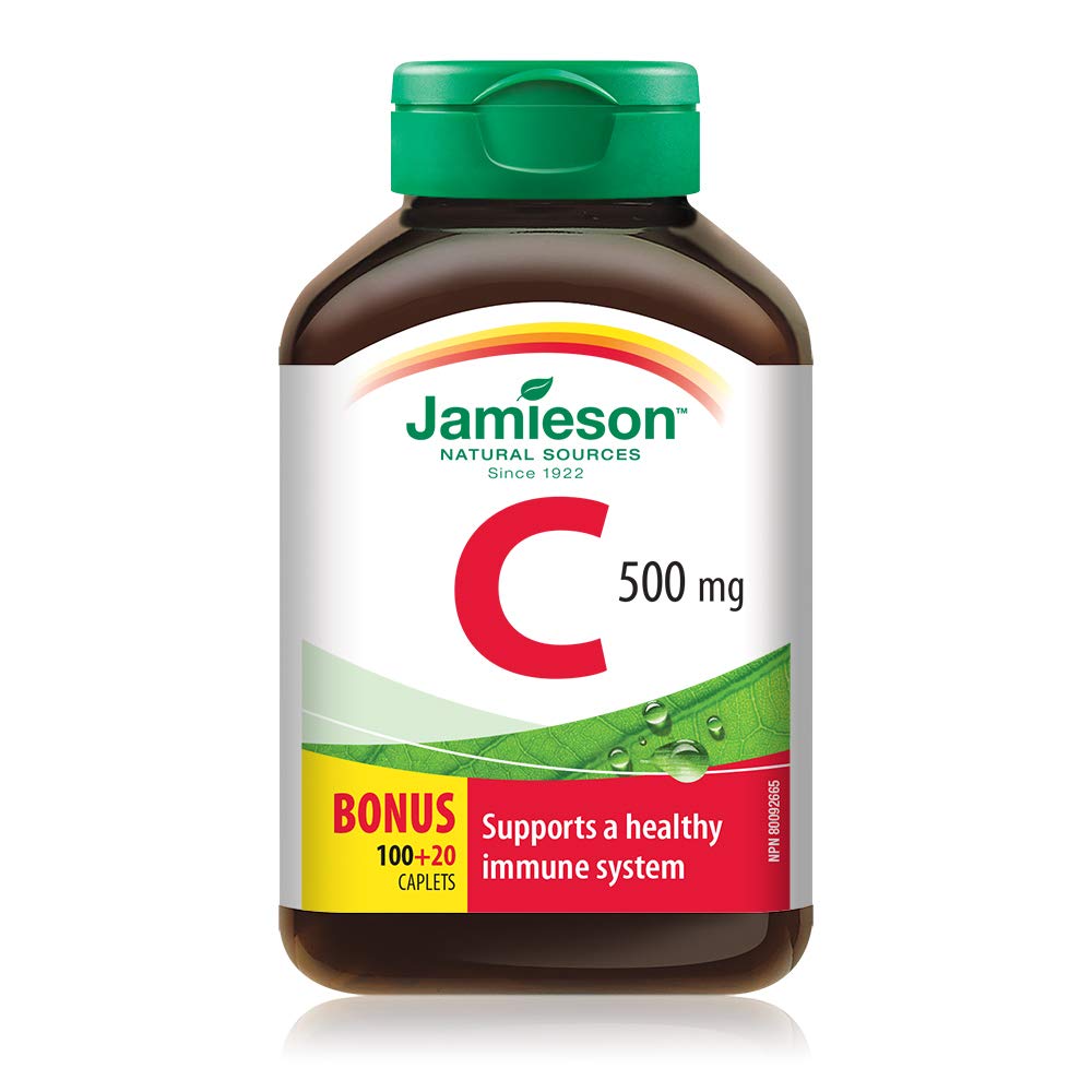 Jamieson Vitamin C 500 mg Caplets, Supports Immune Health, Strong Teeth and Bones. Vegetarian, Gluten-Free, No Artificial Colours, Flavours, or Preservatives, 120 Count, Proudly Canadian