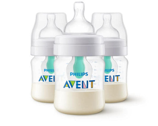 Philips Avent Anti-Colic Baby Bottle with AirFree Vent, Slow Flow 1 Nipple, 0m+, 4oz, 3 Pack, Clear, BPA-free, SCY701/03