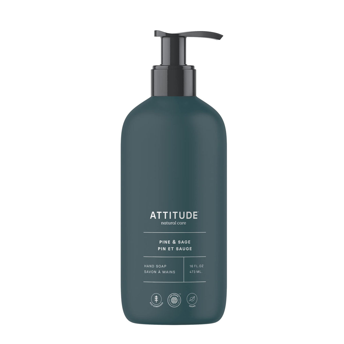 ATTITUDE Liquid Hand Soap, Made in Canada, EWG Verified, Plant and Mineral-Based, Vegan, Dermatologically Tested, Vegan, Pine & Sage, 473 mL