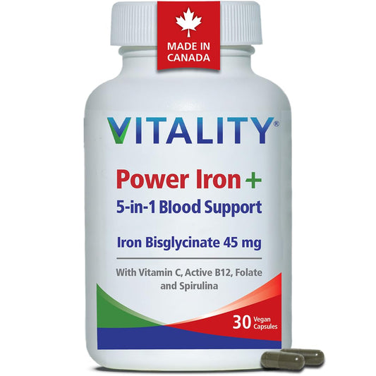 VITALITY Power Iron Bisglycinate High Dose 45mg - with B12 1000mcg, Vitamin C, Folate Folic Acid, High Absorption Blood Builder Iron Supplements for Women & Men with Iron Deficiency, 30 Vegan Capsules