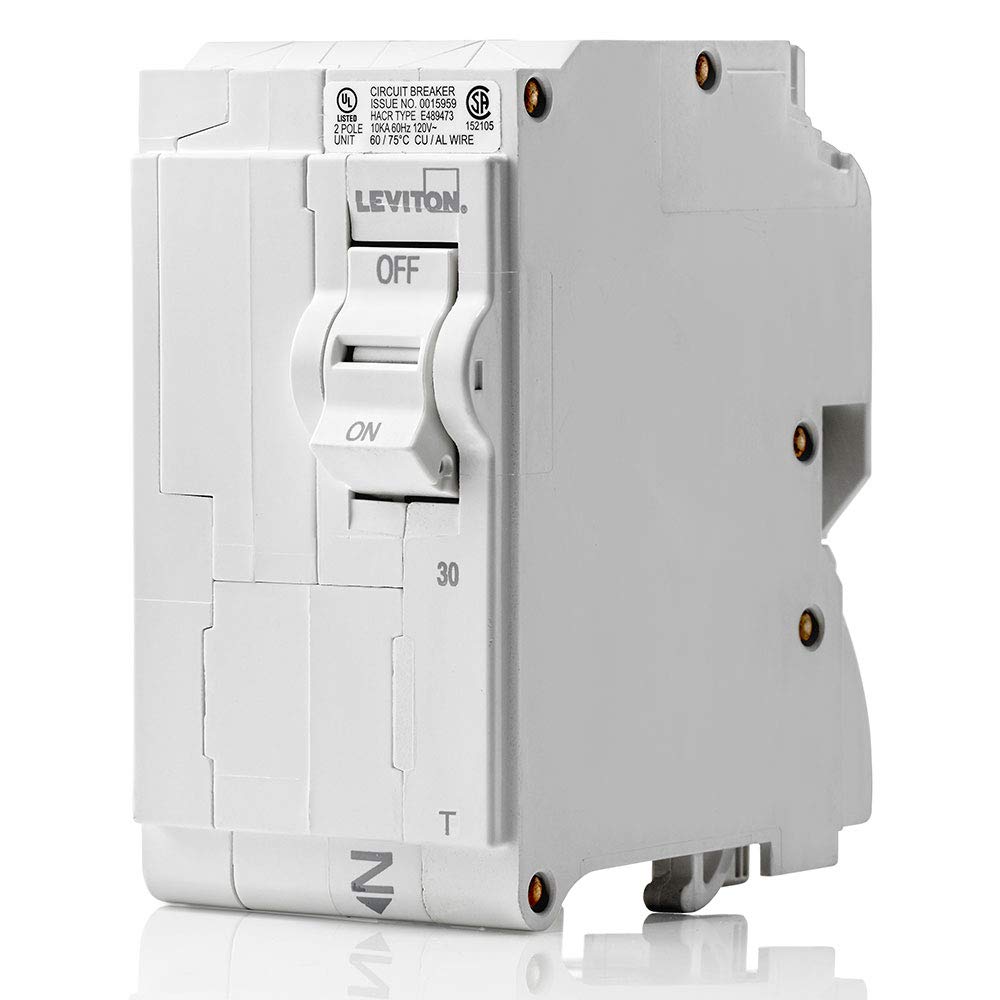 Leviton LB230-T 30A 2-Pole Plug-On Standard Branch Circuit Breaker, Thermal Magnetic, 120/240 VAC, White