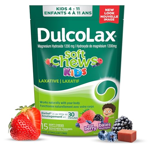 Dulcolax Soft Chews Kids, Laxative for Gentle Occasional Constipation Relief for Kids Ages 4 and Over, Vegan, Stimulant-Free, Gluten-Free Laxatives, Wild Berry, 15 Count