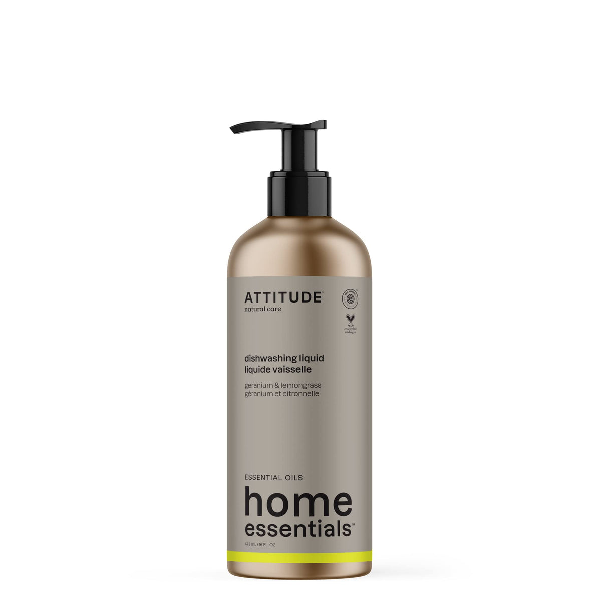 ATTITUDE Dish Soap with Essential Oils, Made in Canada, EWG Verified, Plant and Mineral-Based Ingredients, Vegan Household Products, Geranium and Lemongrass, Refillable Aluminum Bottle, 473 mL