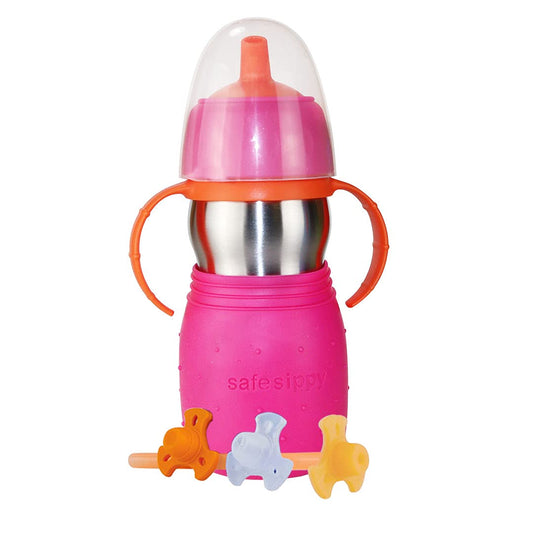 Kid Basix Safe Sippy 2 | Stainless Steel Cup for Babies/Toddlers | Convertible Sippy or Straw | Dishwasher Safe | 11 Oz. | Bpa Free | Pink