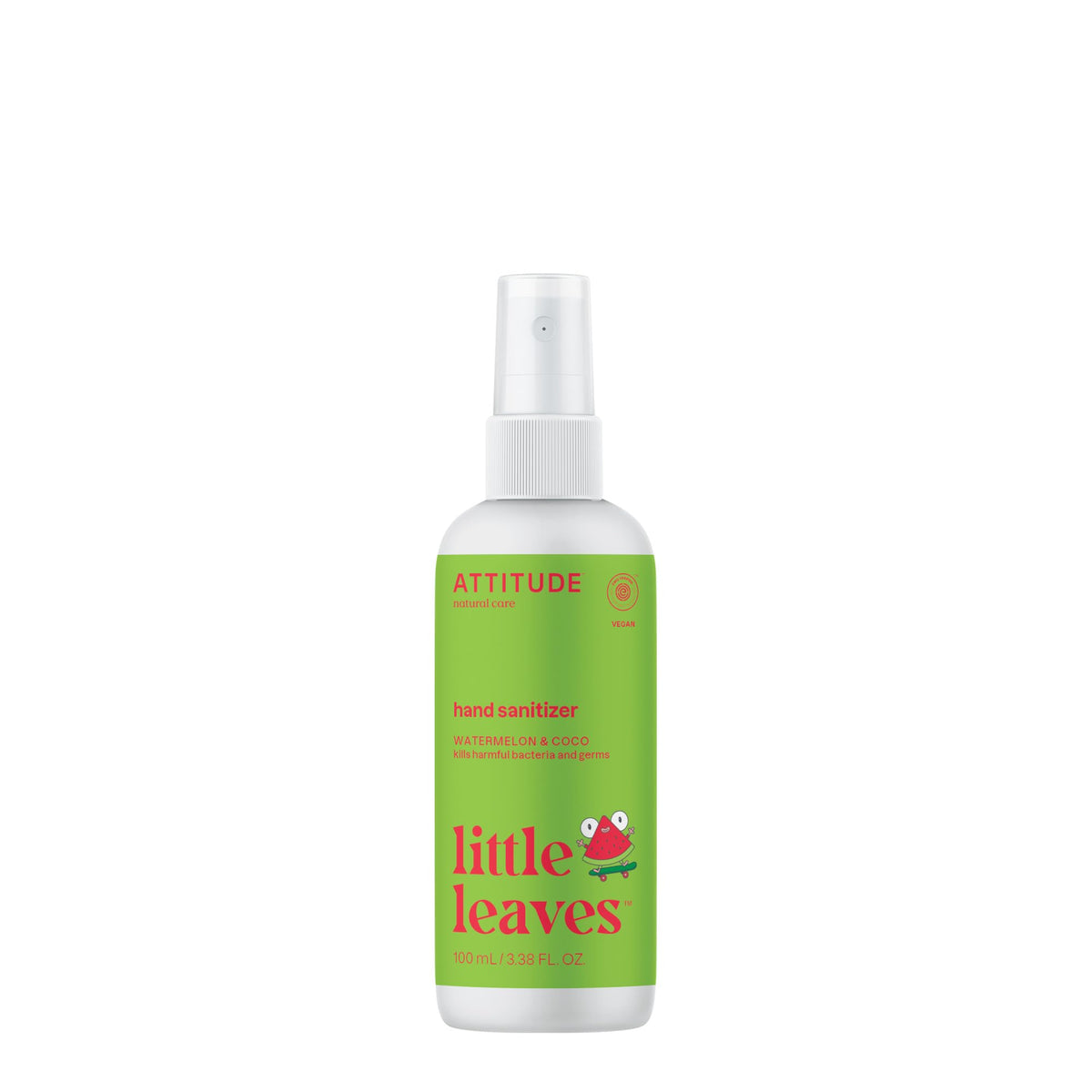 ATTITUDE Hand Sanitizer Spray for Kids & Adults, Made in Canada, EWG Verified, Travel Size, Dermatologically Tested, Plant and Mineral Based, Vegan, Watermelon & Coco, 100 mL (Spray Bottle)