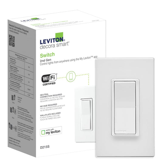 Leviton Decora Smart Switch, Wi-Fi 2nd Gen, Neutral Wire Required, D215S-2RW, White